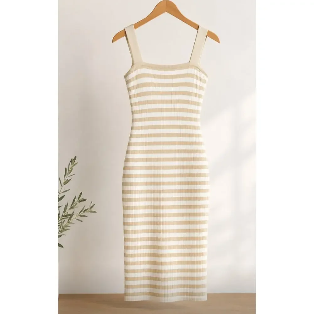 Merokeety White Tan Striped Knit Dress XS New - Picture 3 of 5